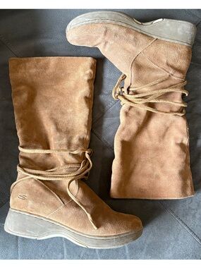 VINTAGE Skechers Y2K Tan Leather Suede Lace Up Calf Boots Chunky Platform Bratz
